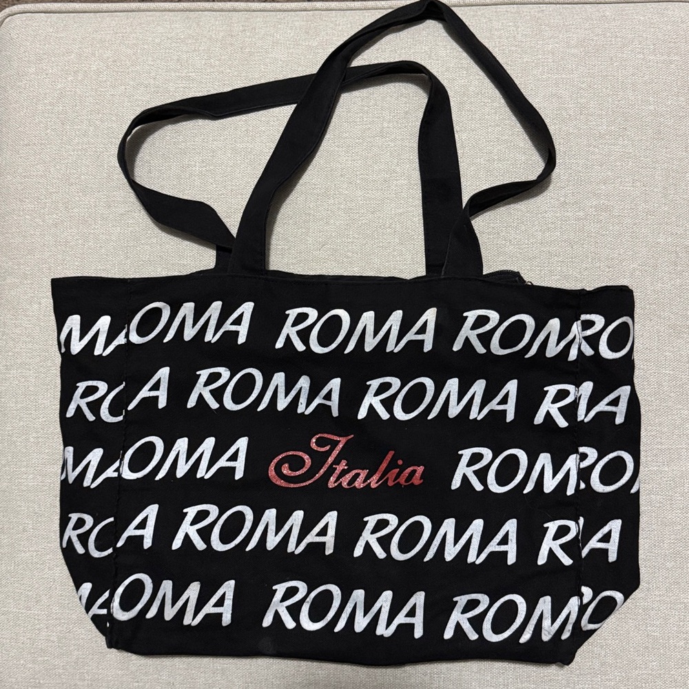 Roma Italia Souvenir Cotton Tote Bag-Zip Top-Black/White/Red - Picture 2 of 16